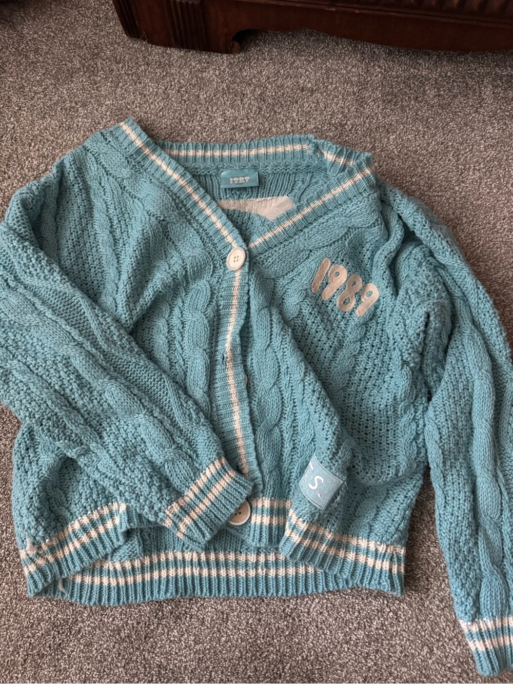 Taylor Swift Cable-Knit Cardigan in Light Teal with Cream Trim